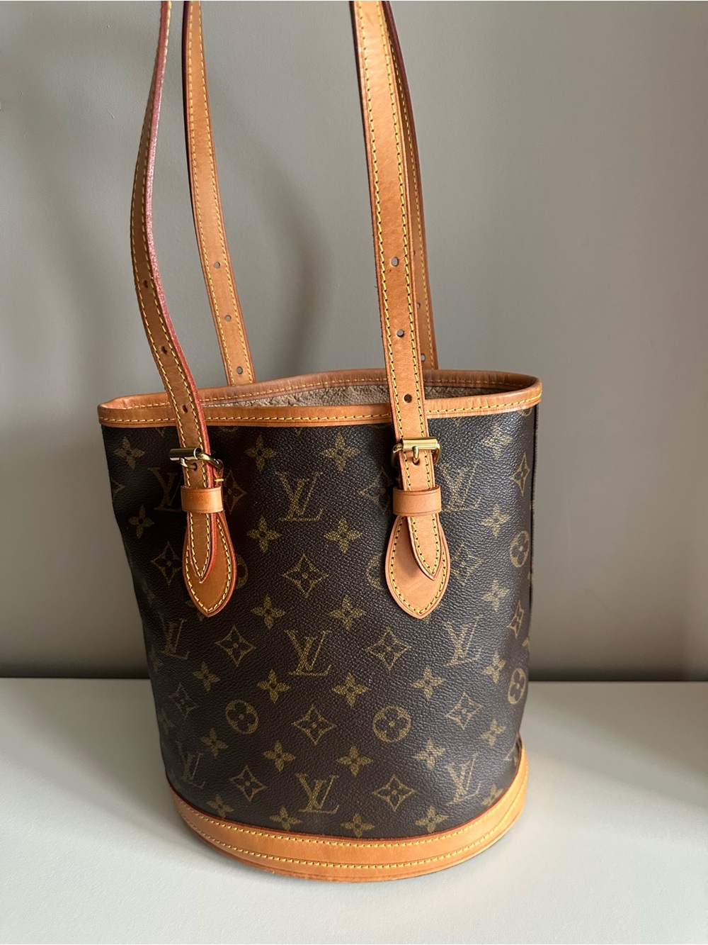 Louis Vuitton Monogram Canvas Bucket Shoulder Bag in Brown and Tan